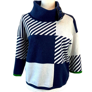 Marble Navy Blue White Green Trim Cowl Neck Cropped 3/4 Sleeve Sweater S